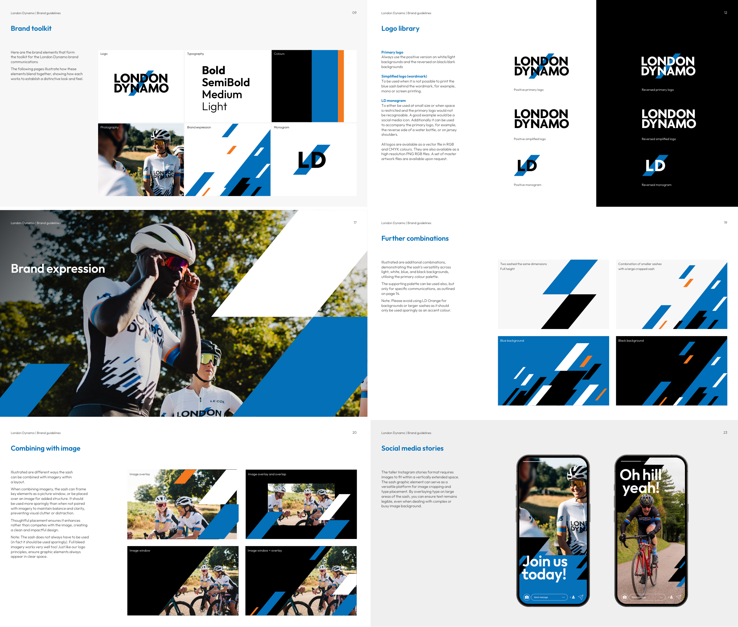 London Dynamo brand guidelines: toolkit, logo library, brand expression, further combinations, imagery and social media stories